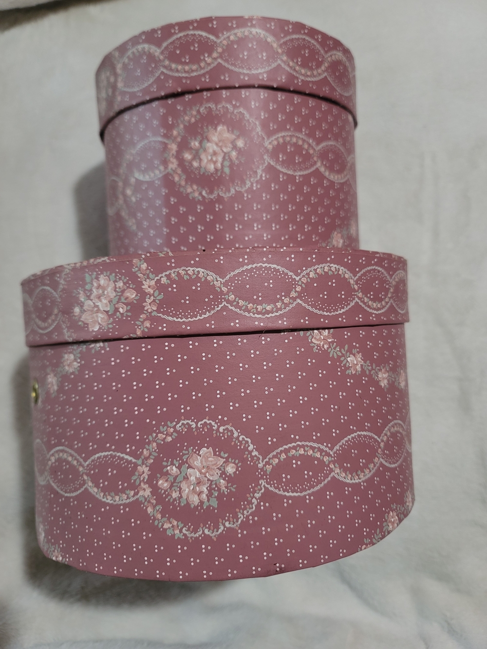 Hat Boxes Round Pink Floral 2 Nesting Stacking Mauve 80s Vintage Cottage Grandma